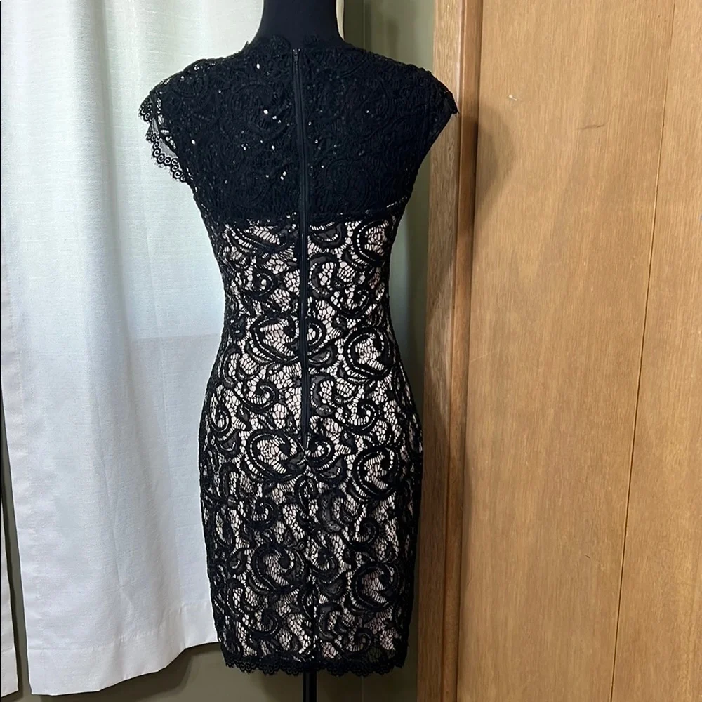 High-Neck, Cap Sleeve Lace and Sequins - Black and Tan Dress - Picture 4 of 5